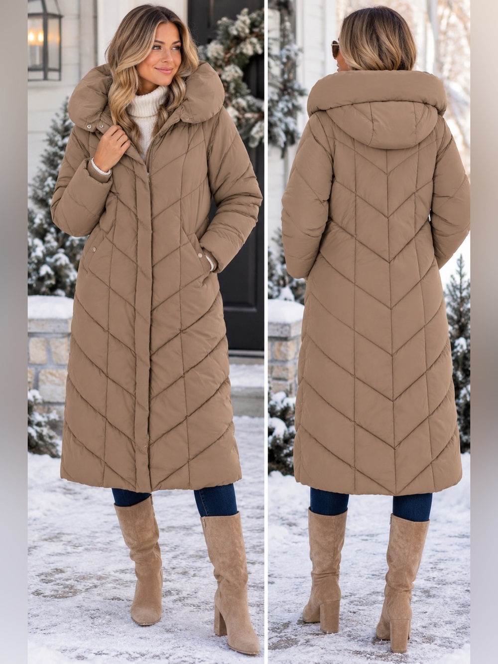 Steve Madden Long Quilted Puffer Coat XS Taupe Brown Winter Maxi Coat